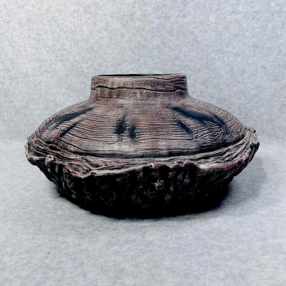 Studio Art Woodland Vase Pottery Bark Base Artist Signed‎ Cabin Elk Life Ceramic